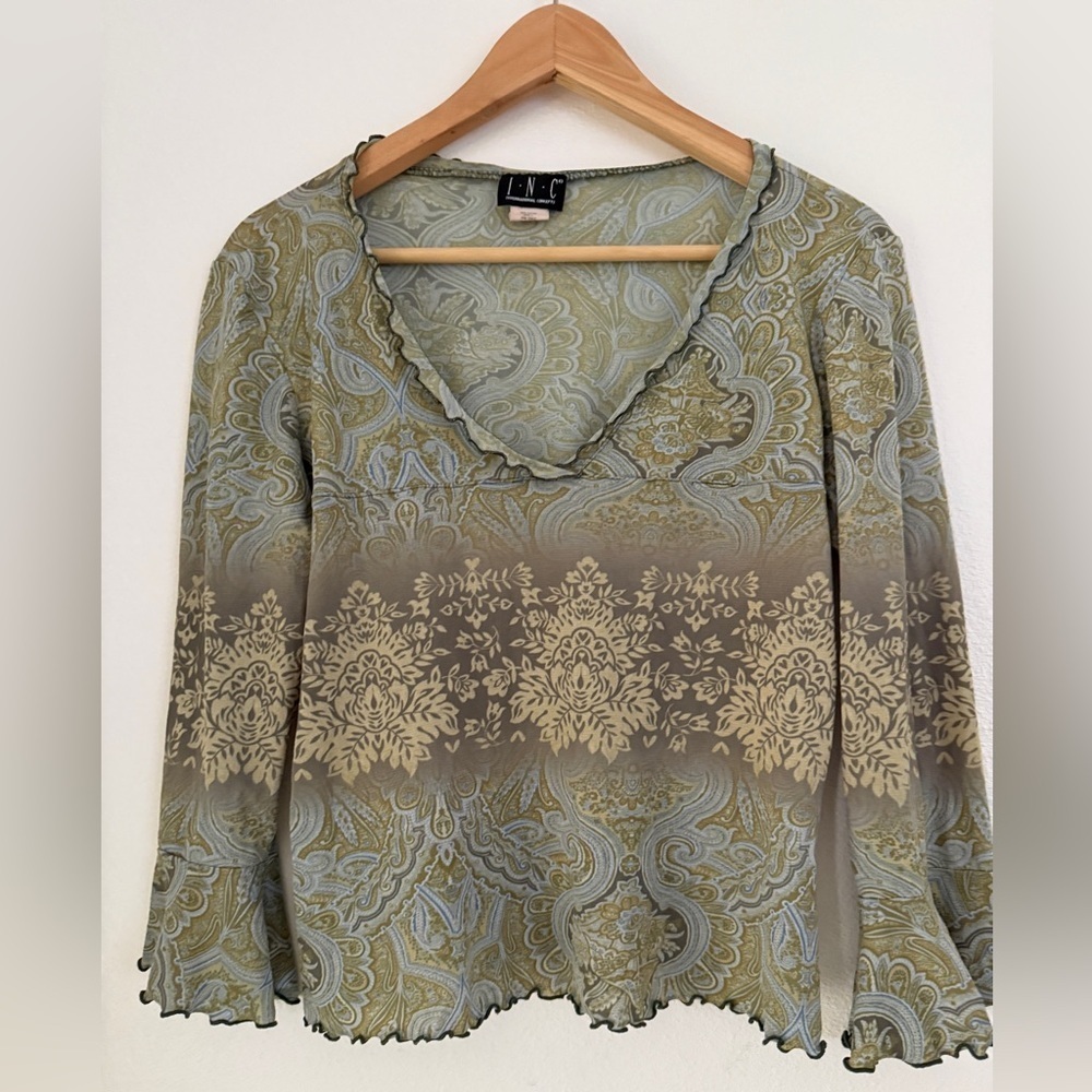 Y2K INC Paisley Babydoll Blouse M Green Boho Bell Dress Top